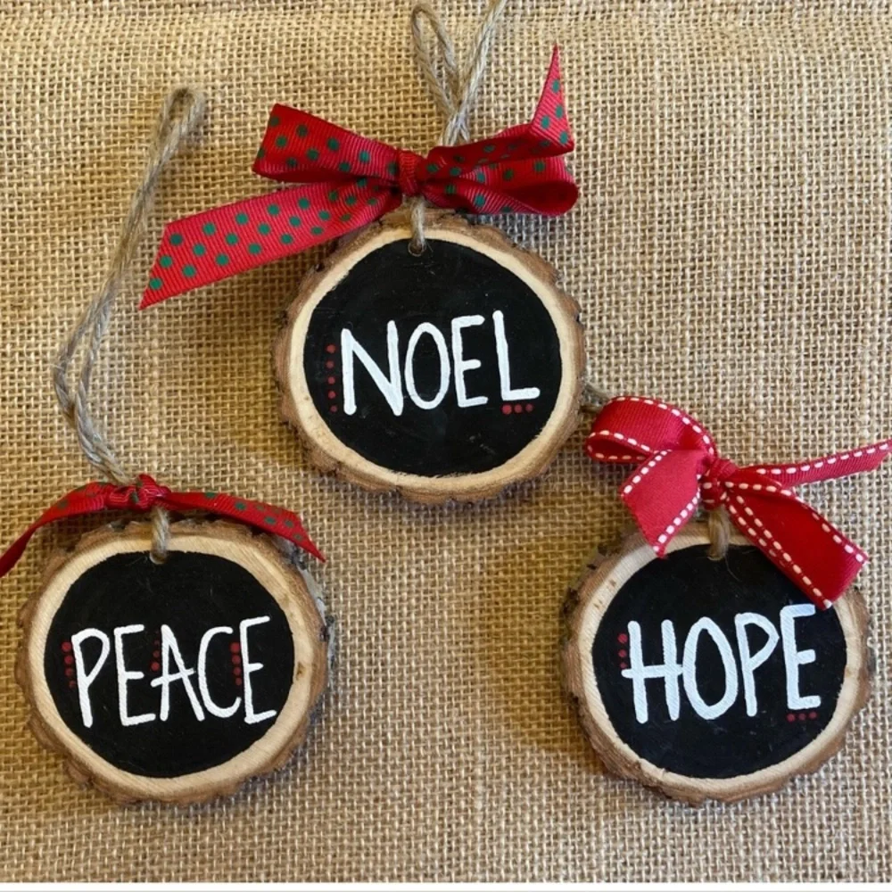 Wood Slice Ornament Set  - Hope, Peace, Noel - Christmas Ornaments with Red Bows